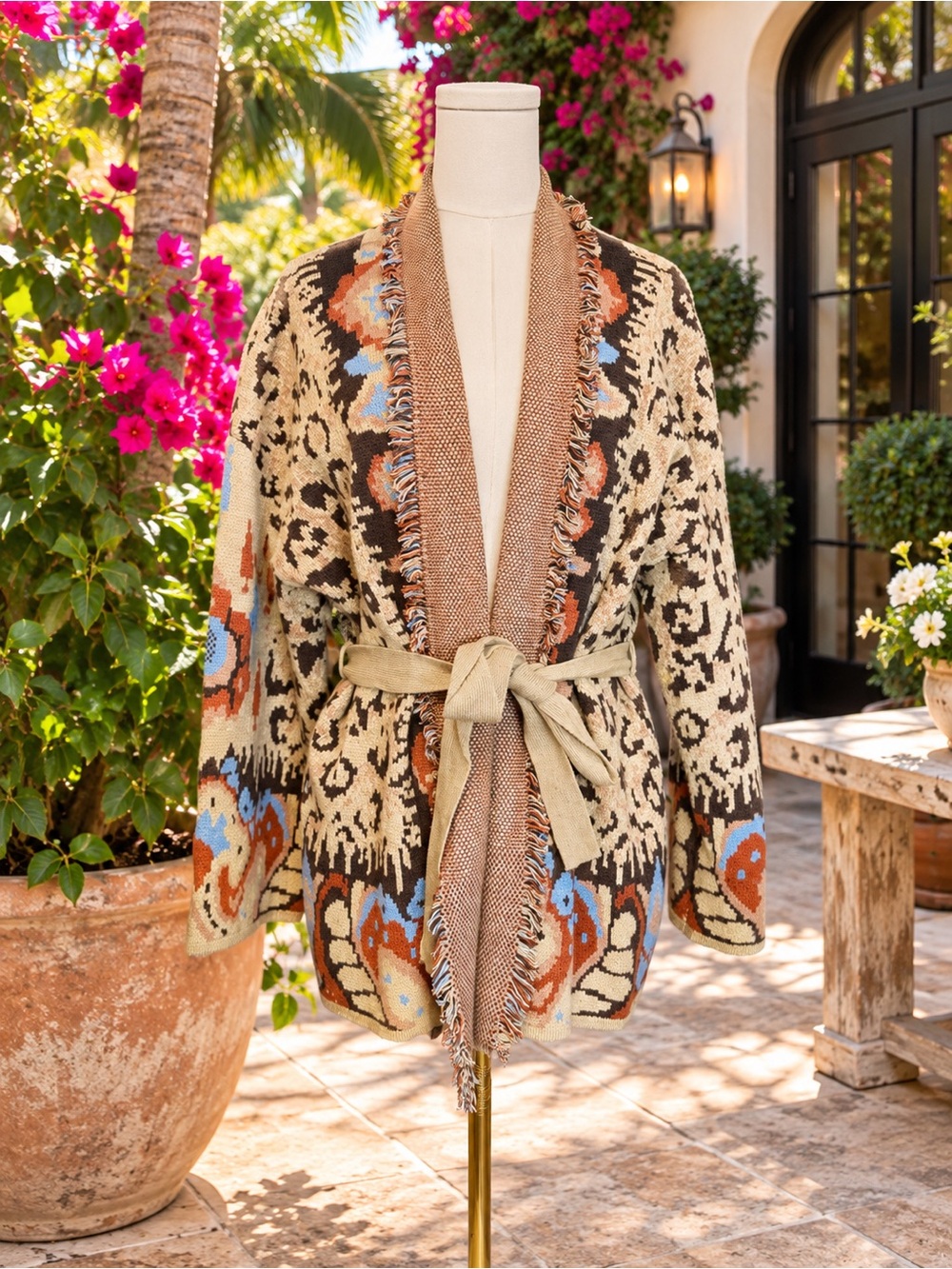 Made in Italy Fringe-Trim Open Front Cardigan Sweater in Cream & Brown OS